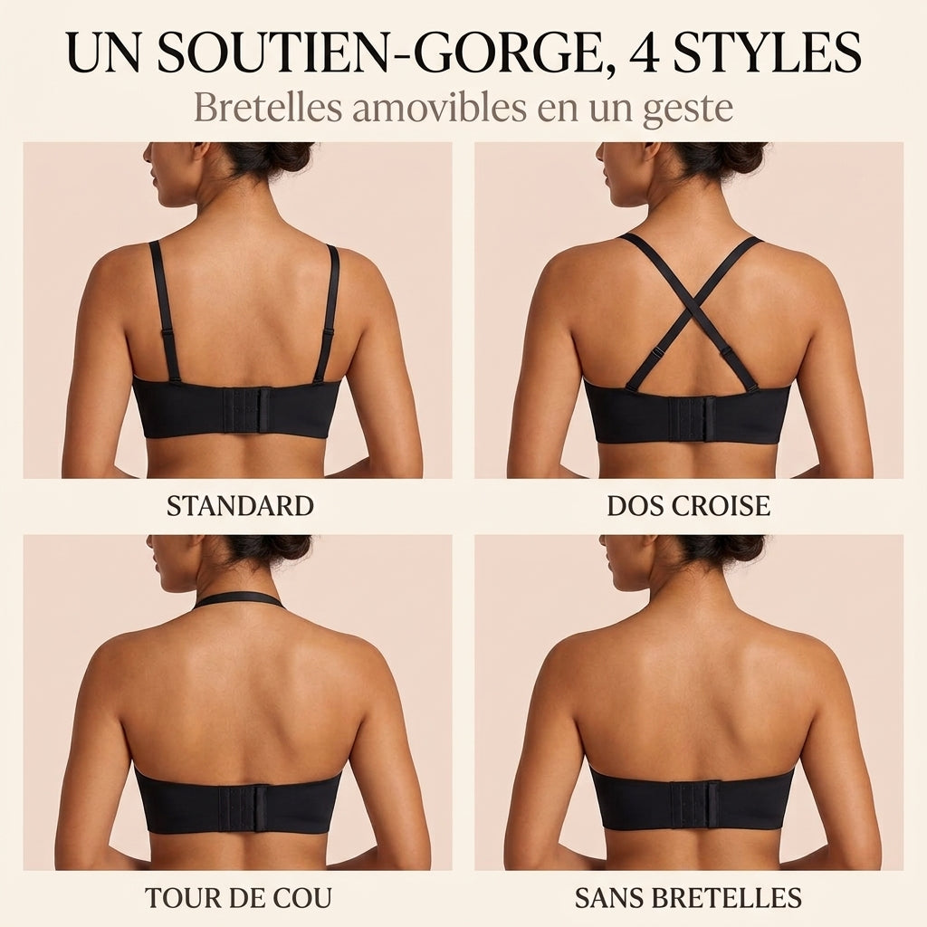 Quatre façons de porter : standard, dos croisé, tour de cou, sans bretelles